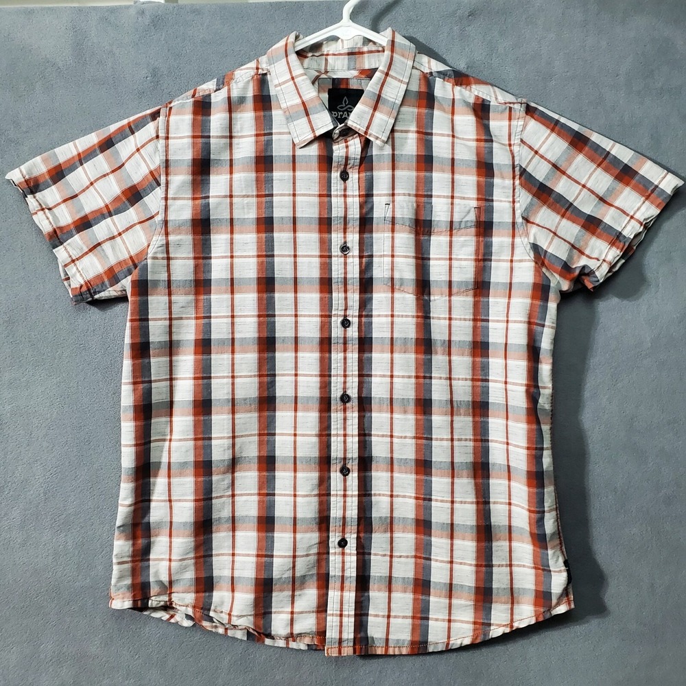 PrAna Shirt Mens Large White Red Gray Check Short Sleeve Outdoor Camp Button Up